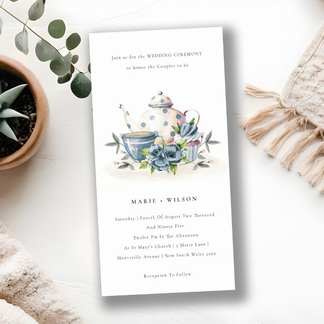 Cute Aqua Blue Floral Teapot Cup Wedding Invite (Creator Uploaded)