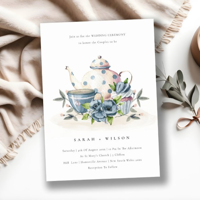 Cute Aqua Blue Floral Teapot Cup Wedding Invite (Creator Uploaded)