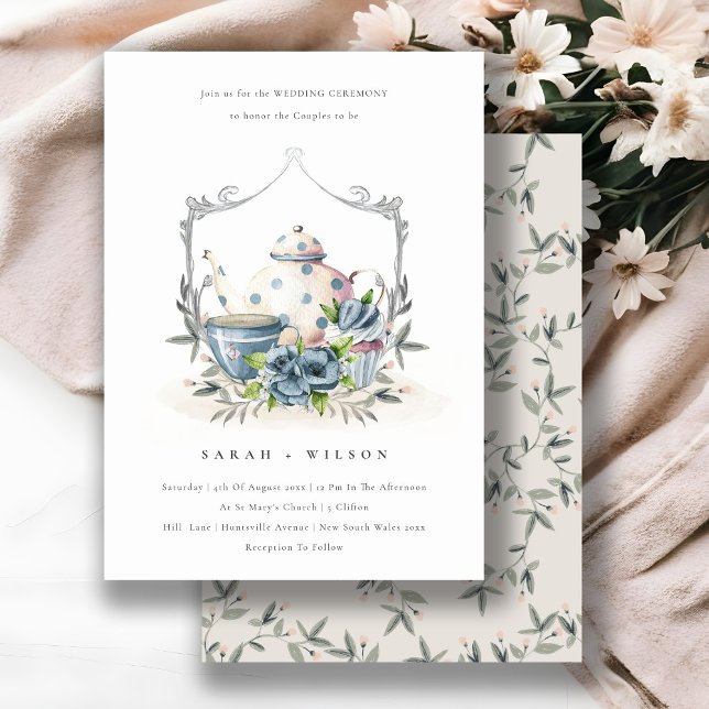 Cute Aqua Blue Floral Teapot Cup Wedding Invite (Creator Uploaded)