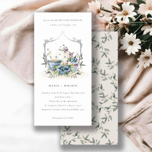 Cute Aqua Blue Floral Teapot Cup Wedding Invite