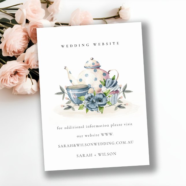 Cute Aqua Blue Floral Teapot Cup Wedding Website Enclosure Card (Creator Uploaded)