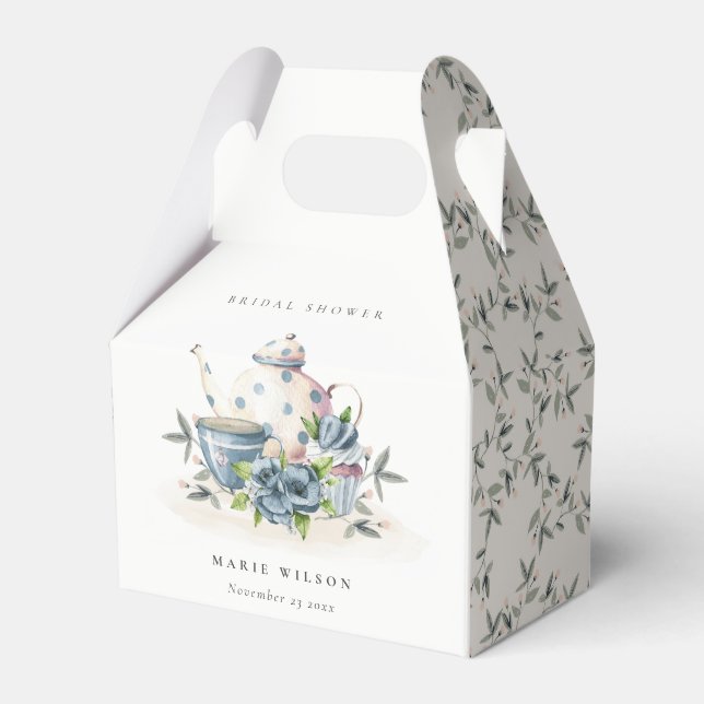 Cute Aqua Blue Floral Teapot Cups Bridal Shower Favour Box (Front Side)