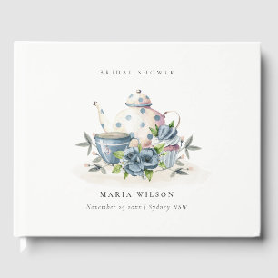 Cute Aqua Blue Floral Teapot Cups Bridal Shower Guest Book