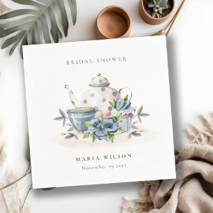 Cute Aqua Blue Floral Teapot Cups Bridal Shower Napkin