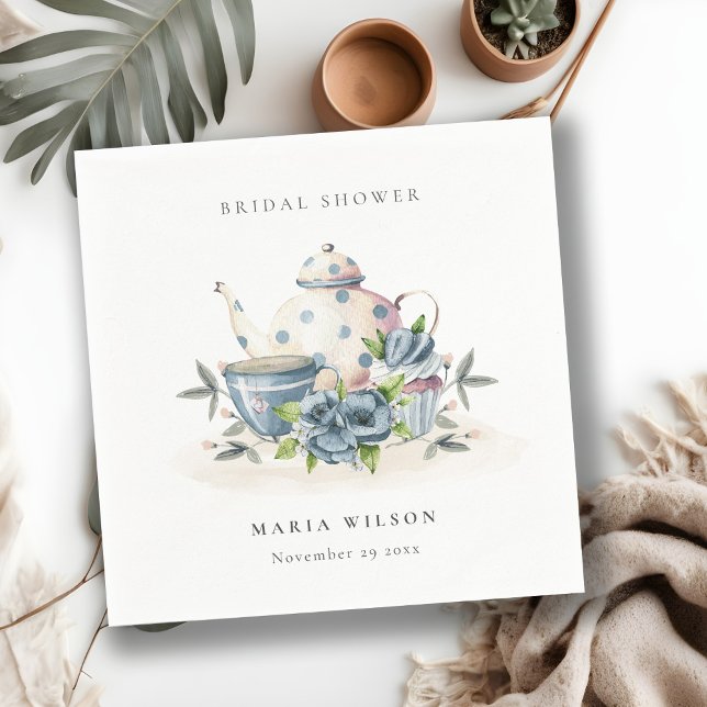 Cute Aqua Blue Floral Teapot Cups Bridal Shower Napkin (Creator Uploaded)