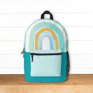 Cute Aqua Blue Gold Glitter Rainbow w/ Name Kids Printed Backpack
