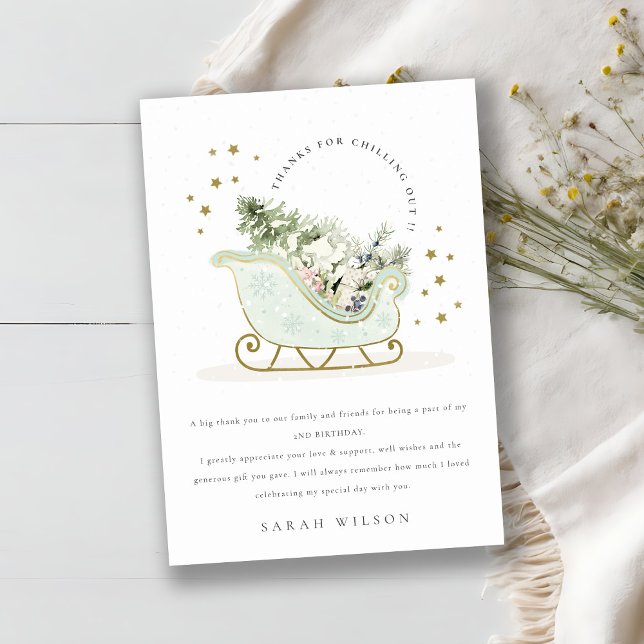 Cute Aqua Blue Gold Winter Sleigh Any Age Birthday Thank You Card (Creator Uploaded)
