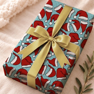 Cute Aqua Blue Retro Santa Hat Pattern Wrapping Paper