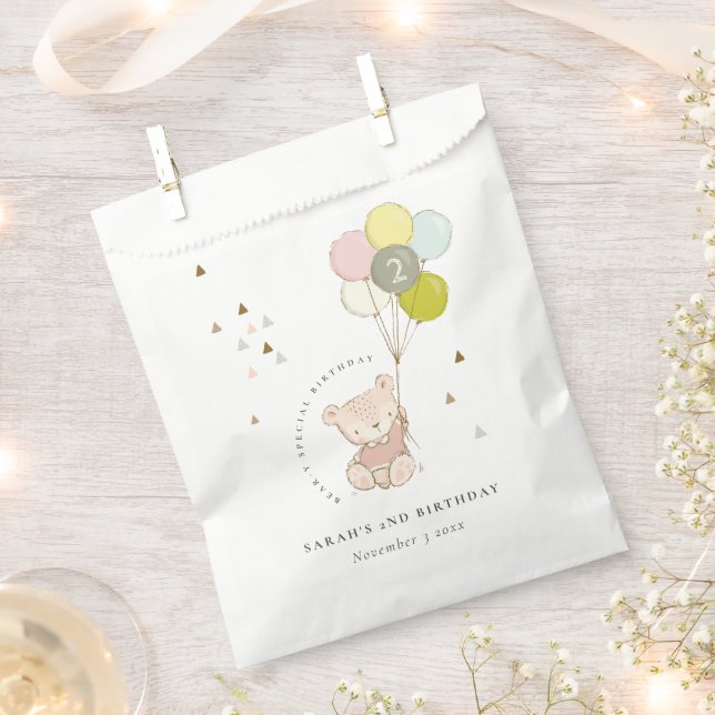 Cute Aqua Blush Bear Balloon Any Age Birthday Favour Bags (Clipped)