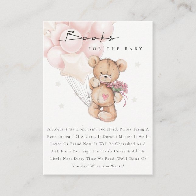 Cute Aqua Blush Bear Balloon Books For Baby Shower Enclosure Card (Front)