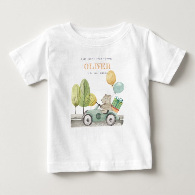 Cute Aqua Green Any Age Birthday Party Teddy Car  Baby T-Shirt (Front)