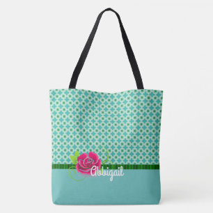 Cute Aqua & Green Pattern Pink Rose Personalised Tote Bag