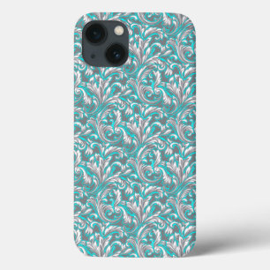 Cute aqua grey seamless floral pattern iPhone 13 case