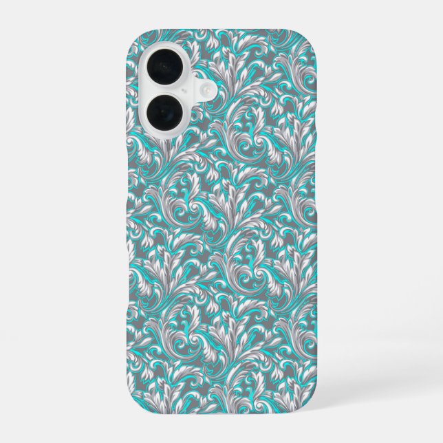 Cute aqua grey seamless floral pattern iPhone 16 case (Back)