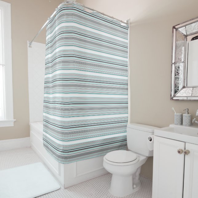 Cute aqua grey stripes shower curtain (In Situ)