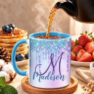 Cute Aqua Purple Unicorn Glitter Drips monogram Mug