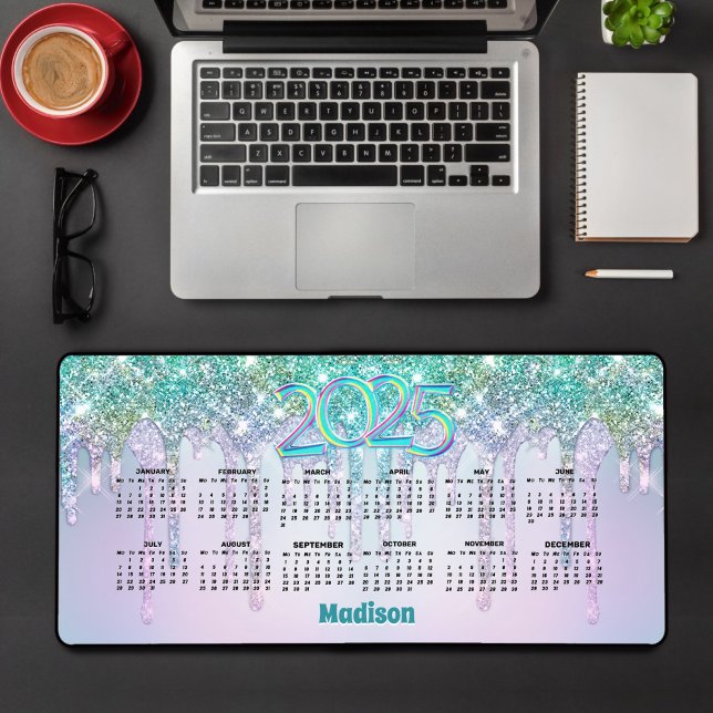Cute Aqua Turquoise Glitter Drips 2025 calendar  Desk Mat (Creator Uploaded)