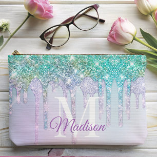 Cute Aqua Turquoise Unicorn Glitter Drips monogram Accessory Pouch