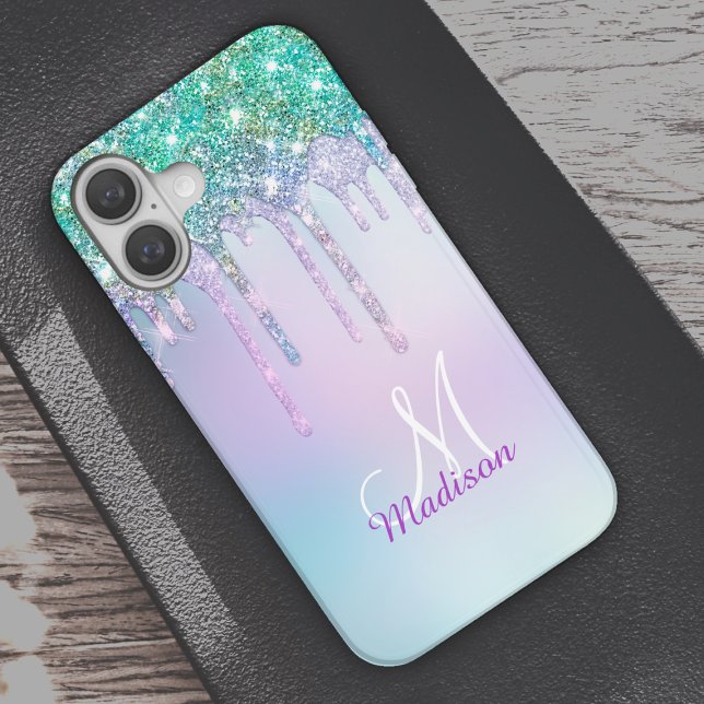Cute Aqua Turquoise Unicorn Glitter Drips monogram Case-Mate iPhone Case (Creator Uploaded)