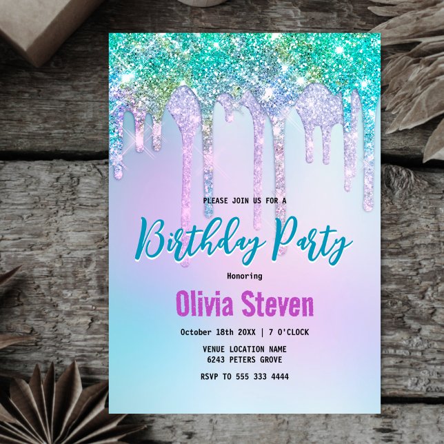 Cute Aqua Turquoise Unicorn Glitter Drips monogram Invitation (Creator Uploaded)