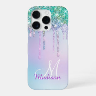 Cute Aqua Turquoise Unicorn Glitter Drips monogram iPhone 16 Pro Case