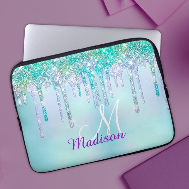 Cute Aqua Turquoise Unicorn Glitter Drips monogram Laptop Sleeve (Creator Uploaded)