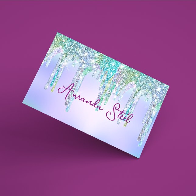 Cute Aqua Turquoise Unicorn Glitter Drips monogram Magnetic Business Card (Creator Uploaded)