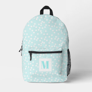 Cute Aqua & White Polkadots Monogrammed Kids Printed Backpack