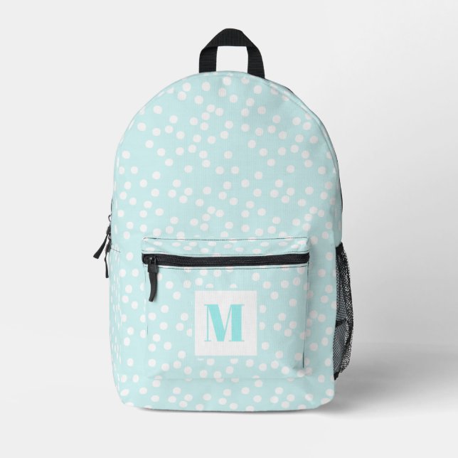 Cute Aqua & White Polkadots Monogrammed Kids Printed Backpack (Front)