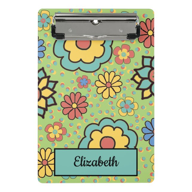Cute Aqua Yellow Coral Green Hand-Drawn Flowers Mini Clipboard (Front)