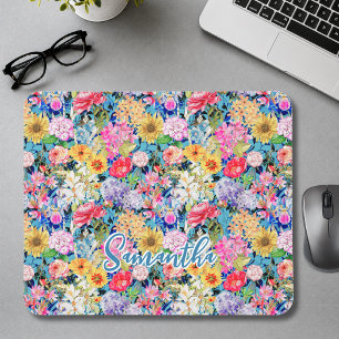 Cute aqua yellow elegant Floral pattern monogram Mouse Pad