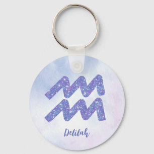 Cute Aquarius Astrology Sign Personalized Purple Key Ring