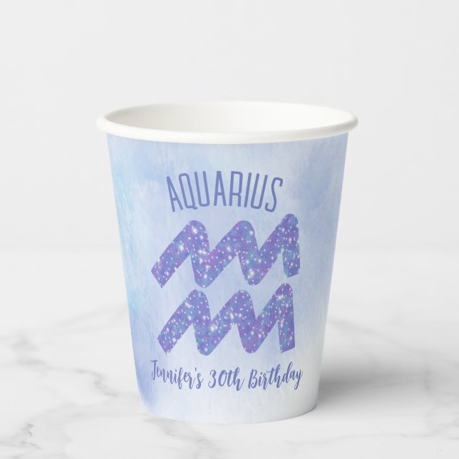 Cute Aquarius Purple Astrology Sign Birthday Party Paper Cups (Front)