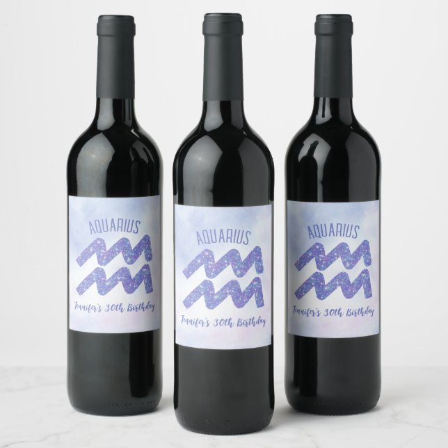 Cute Aquarius Purple Astrology Sign Birthday Party Wine Label (Bottles)