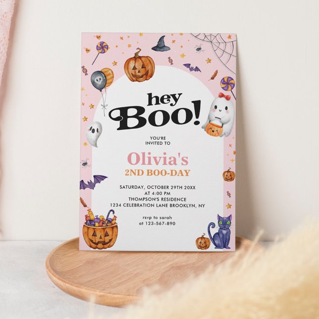 Cute Arch Pink Hey Boo Halloween Kids Birthday Invitation (Creator Uploaded)