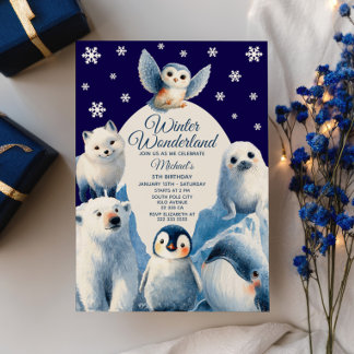 Cute Arctic Animals Blue Winter Kids Birthday  Invitation