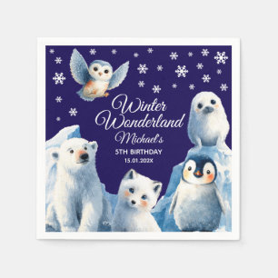 Cute Arctic Animals Blue Winter Kids' Birthday Napkin