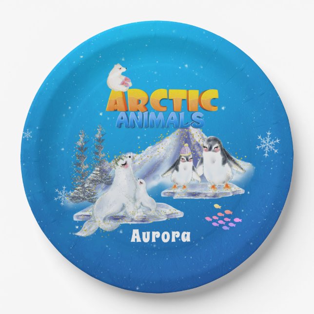 Cute Arctic Animals Custom Name        Paper Plate (Front)