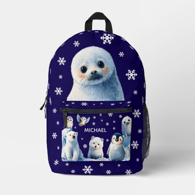 Cute Arctic Animals Navy Blue Winter Kids' Nsme Printed Backpack (Front)