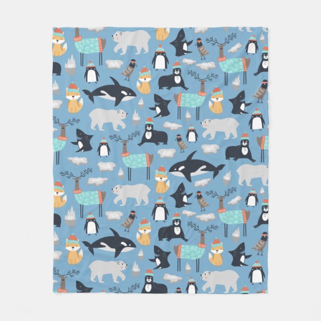 Cute Arctic Animals Seamless Pattern Fleece Blanket (Front)