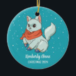 Cute Arctic Fox Christmas Snowy Winter Holiday Ceramic Tree Decoration<br><div class="desc">Cute cartoon animal ornament for kids and children. Perfect for first Christmas celebration with family. You can customise the text for any occasion.</div>