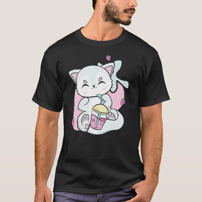 Cute Arctic Fox Drinks Strawberry Milk And Boba Bu T-Shirt (Front)