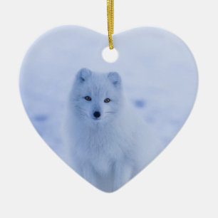 Cute Arctic Fox on Snowy Winter Background Ceramic Tree Decoration