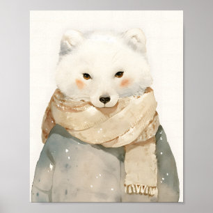 Cute Arctic Fox  Watercolor Winter Wall Art  