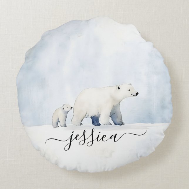 Cute arctic polar bear family script name round cushion (Back)