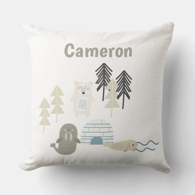 Cute Arctic Winter Animals Custom Name Cushion (Front)