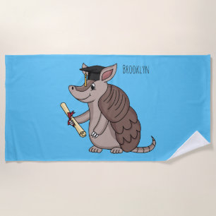 Cute armadillo with graduation cap cartoon  beach towel