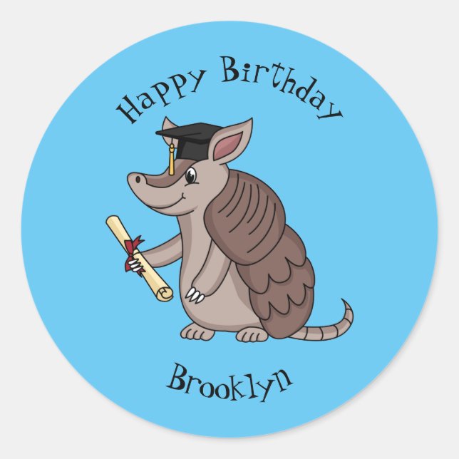 Cute armadillo with graduation cap cartoon  classic round sticker (Front)