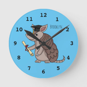 Cute armadillo with graduation cap cartoon round clock
