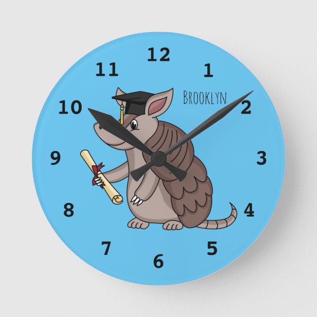 Cute armadillo with graduation cap cartoon round clock (Front)
